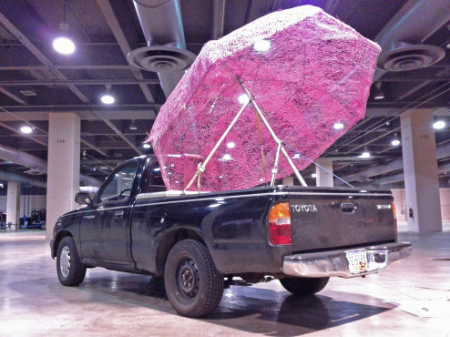 flower show umbrella in truck