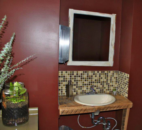 old window turned into a mirror, reused sink