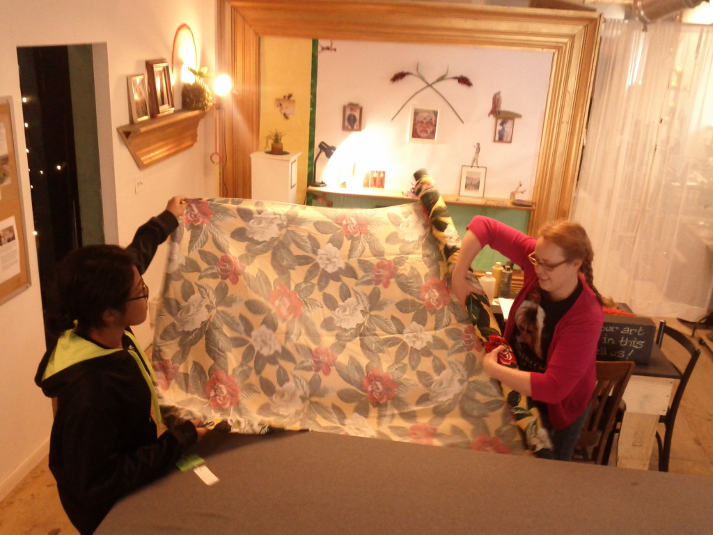 Doreen and Alison rolling fabric