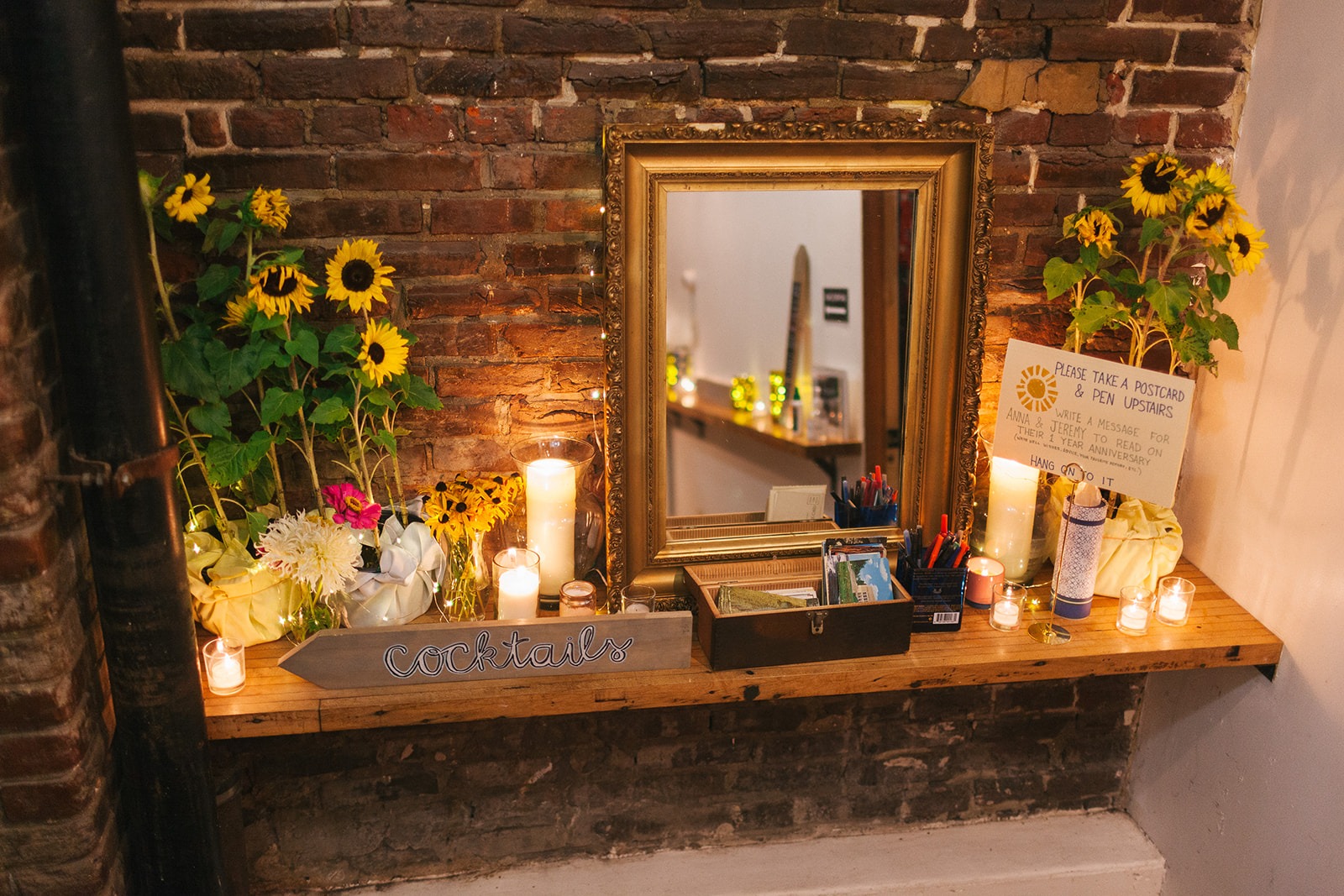sustainable wedding table with reused signs and cardbox